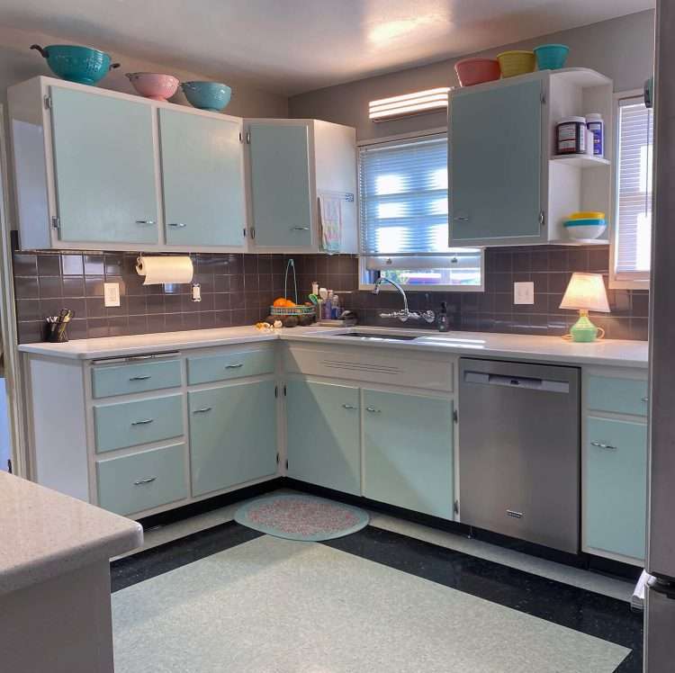 Gloss solid ceramic wall tile in Graphite on the backsplash of  a vintage kitchen remodel in a private residence.