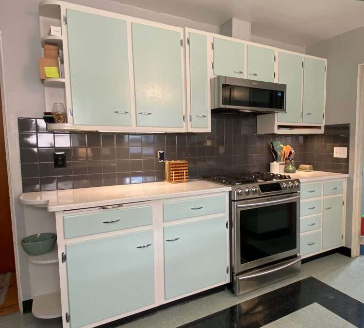 Gloss solid ceramic wall tile in Graphite on the backsplash of  a vintage kitchen remodel in a private residence.