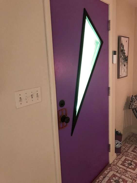 Becky exterior door kit with custom rain-patterned glass.