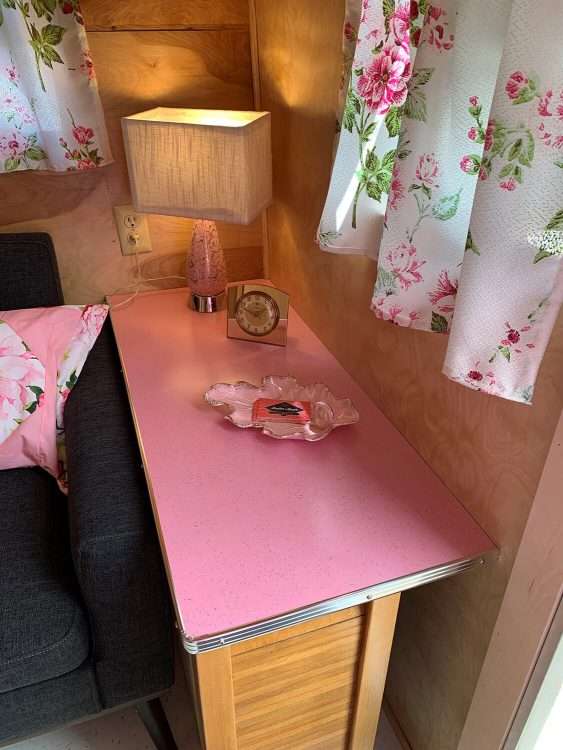 Vintage trailer restoration. Side table in pink SparkleLam™.