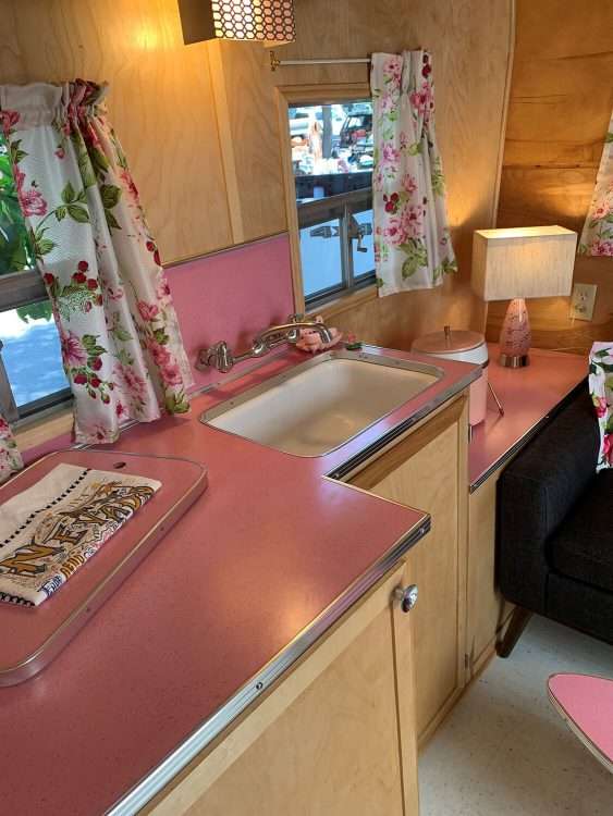 Vintage trailer restoration. Countertops in pink SparkleLam™.