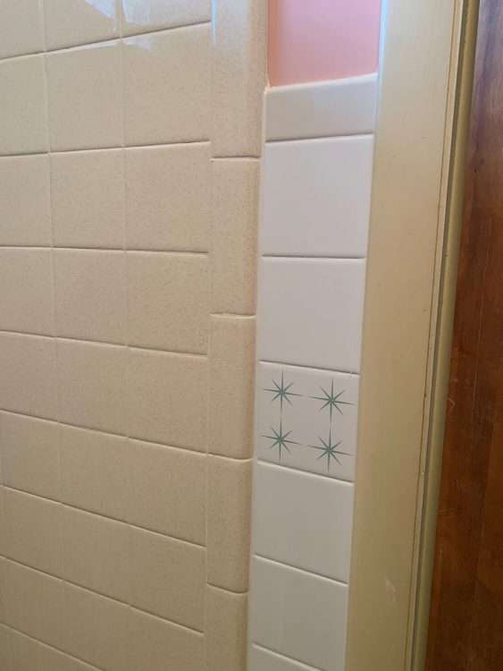 Private residence with two-color Four Star decorative ceramic wall tile in pink and seafoam.