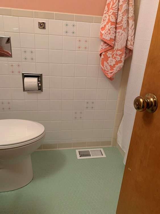 Private residence with two-color Four Star decorative ceramic wall tile in pink and seafoam.
