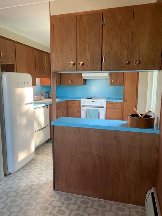 Wendi's Kitchen with Light Aqua SparkleLam™ on the counters and backsplash.